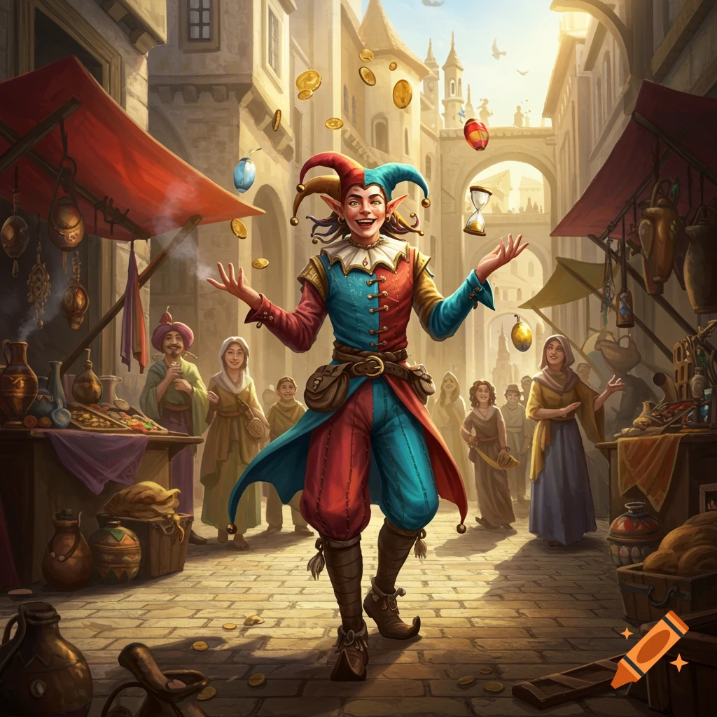 A colorful jester in a medieval market juggles coins and various objects, surrounded by vendors and townsfolk.