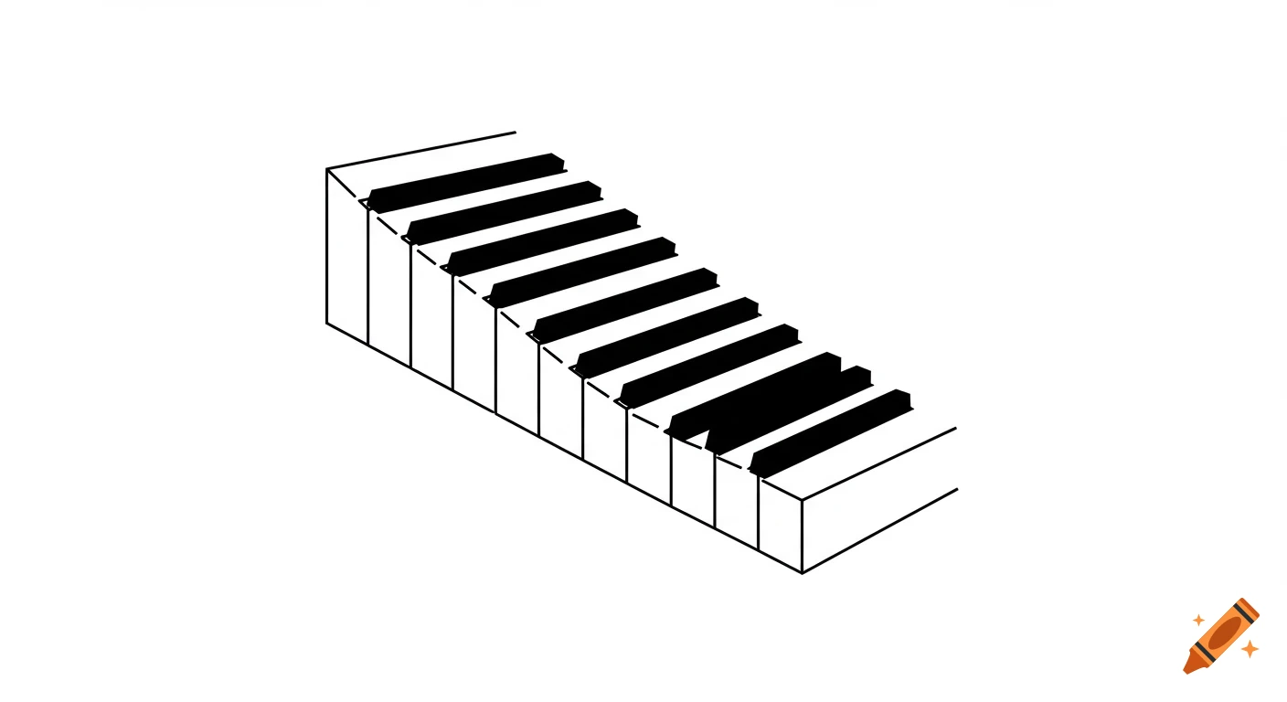 A minimalist line art drawing of a piano keyboard with black and white keys, appearing to widen as they step downwards diagonally.