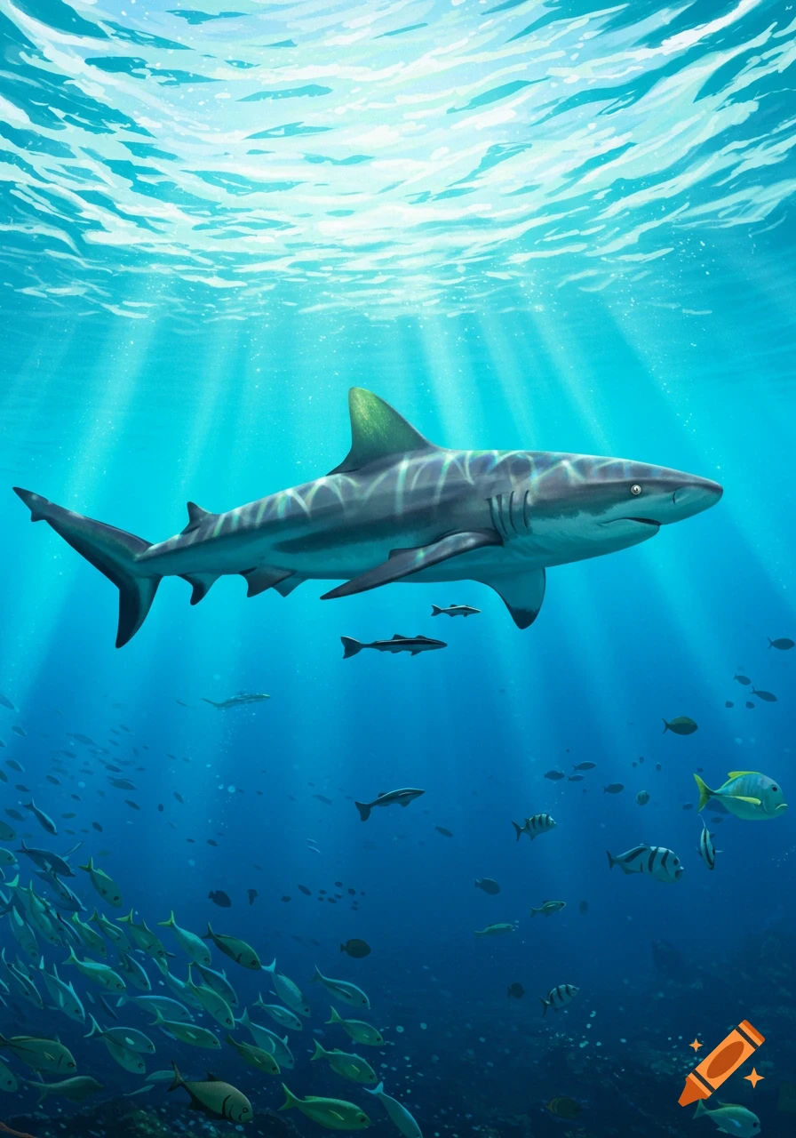 An underwater scene shows a shark with green fins swimming under sunlit water amidst schools of fish.