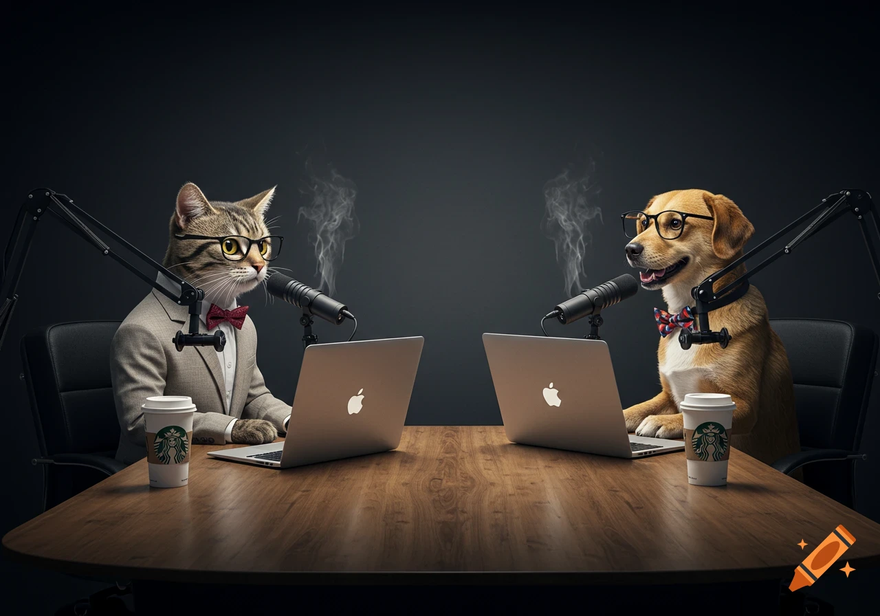 An anthropomorphic cat and dog, wearing suits and glasses, host a podcast at a table with laptops and microphones.