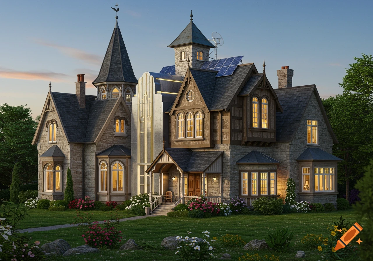A photorealistic, ornate Victorian Gothic house with modern solar panels and a glass tower, surrounded by a lush garden at dusk.