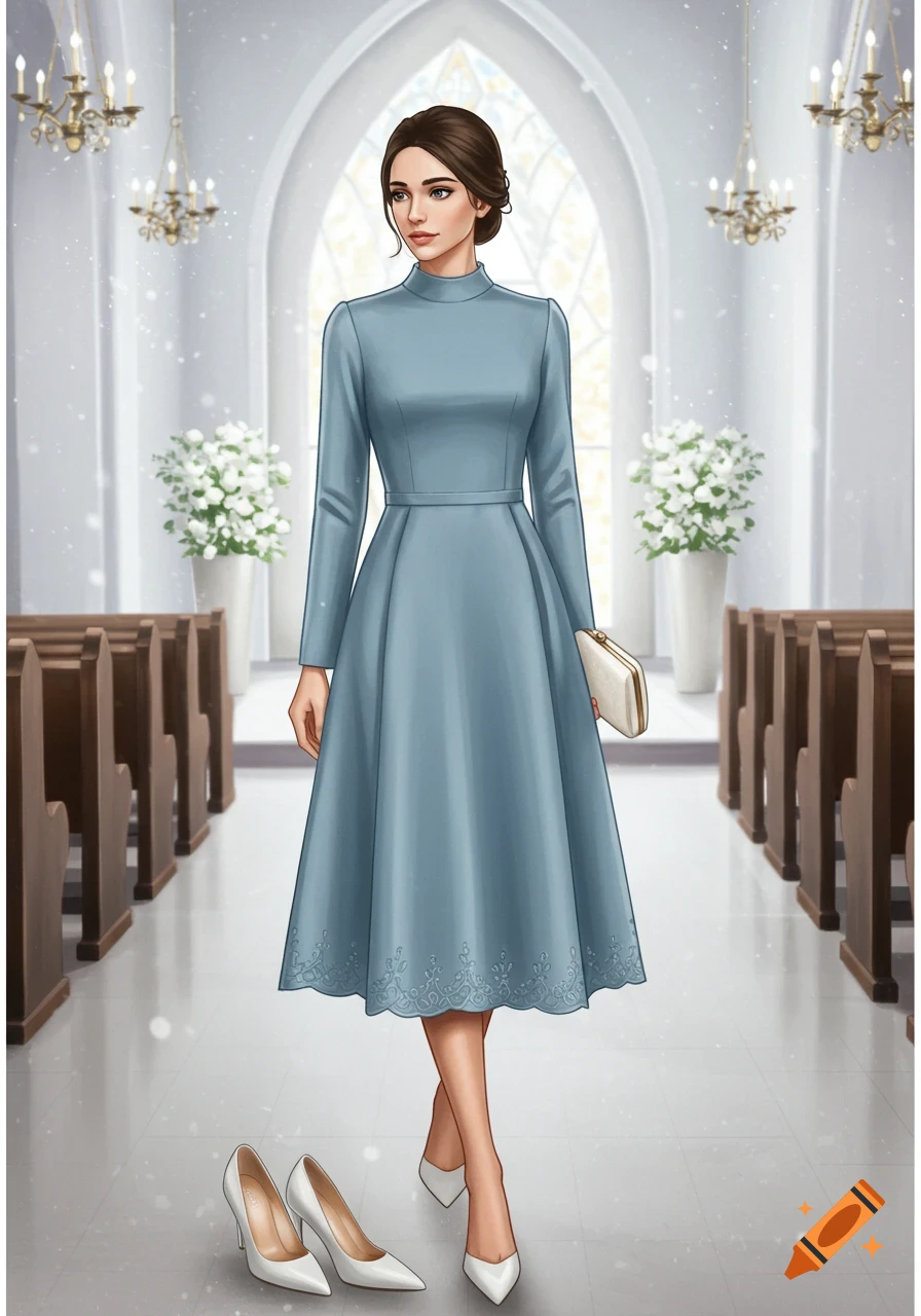 A woman in a mist blue A-line midi dress with long sleeves and a high neckline, carrying an ivory clutch, stands in a modern church aisle. Two white pointed-toe heels are on the floor beside her.
