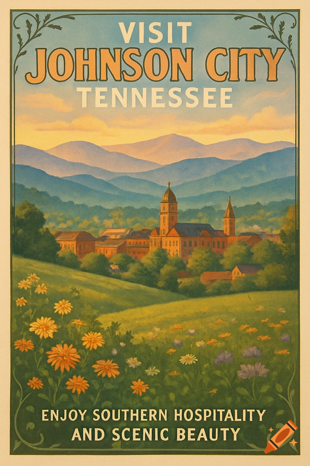 A vintage travel poster for Johnson City, Tennessee, featuring a town in a valley with mountains and a field of flowers.
