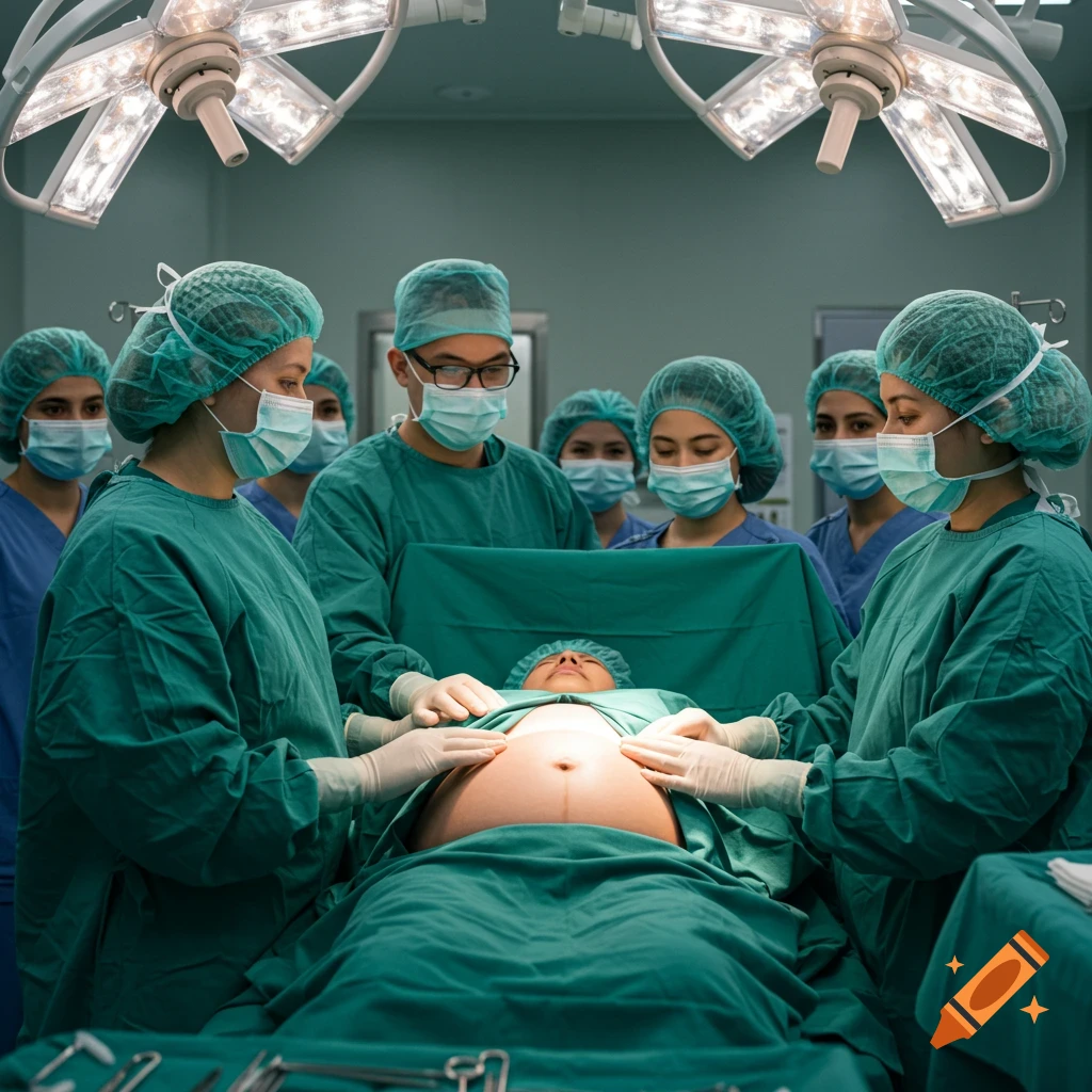 Medical staff in green scrubs and masks attend to a pregnant woman on an operating table in a brightly lit theatre.