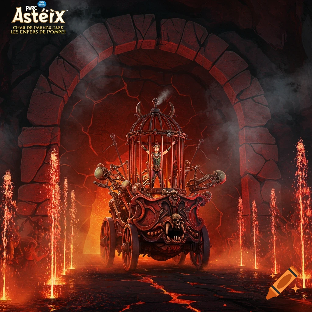 Concept art of a fiery chariot with skeletons and a caged person in a lava-filled catacomb with archways and fire fountains.