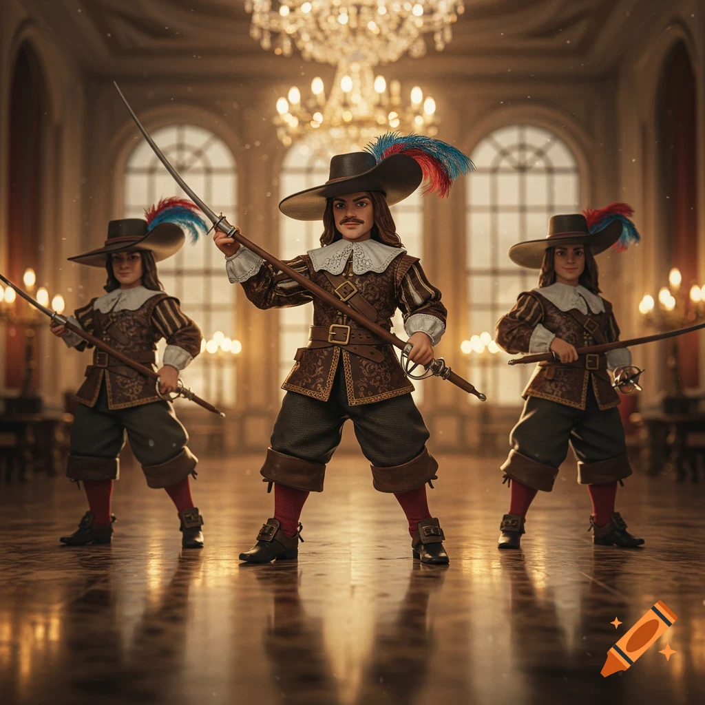 Three stylized musketeer-like figures pose with swords in a grand, richly decorated hall with chandeliers.