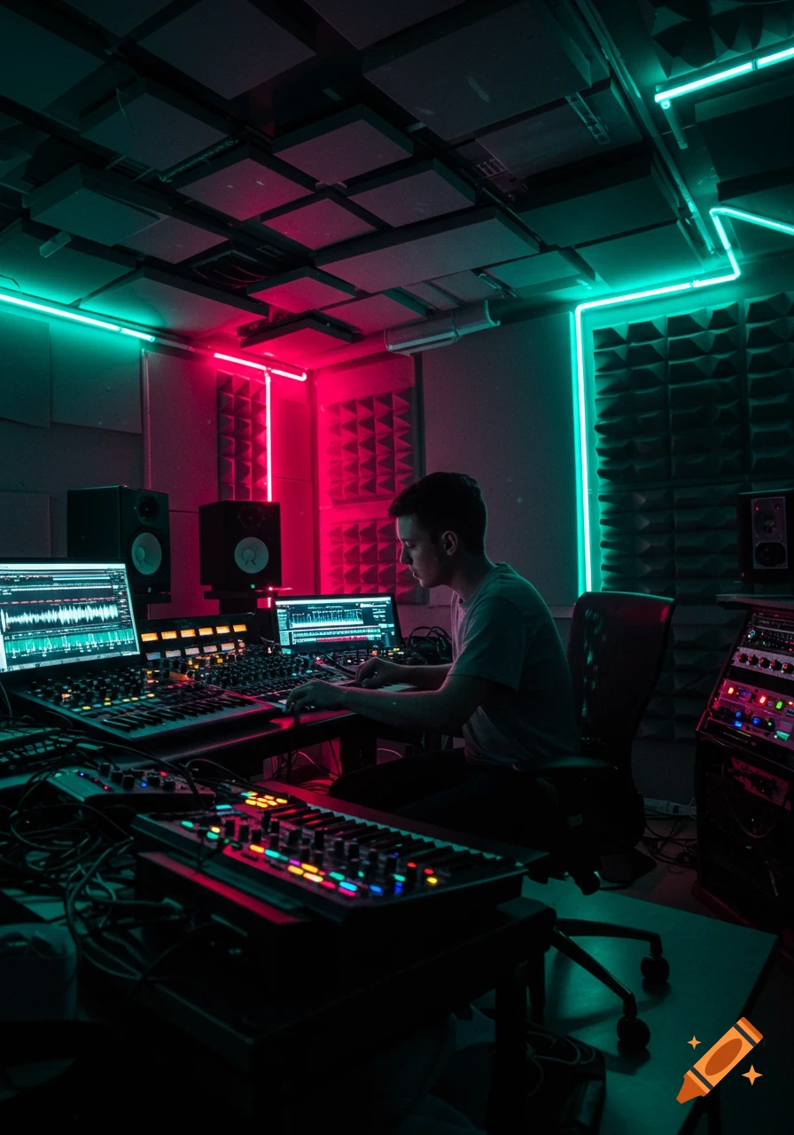A person in a modern music studio, surrounded by synthesizers and screens, illuminated by neon pink and green lights.