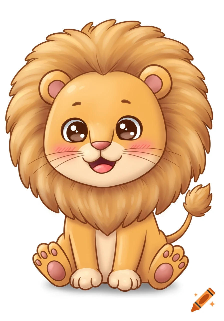 A cute, smiling cartoon lion with a fluffy mane sits on a white background, looking forward with big, shiny eyes.