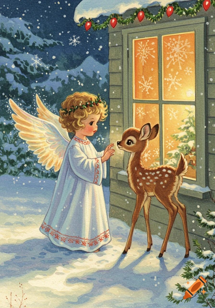 A 50s style watercolor illustration of a cherubic angel in a snowy landscape, touching the nose of a small fawn outside a festive window.