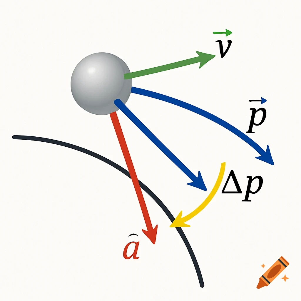 A physics diagram showing a gray sphere moving along a curved path. Green vector 'v' for velocity, blue vector 'p' for momentum, yellow curved arrow 'Δp' for change in momentum, and red vector 'â' for acceleration are labeled.