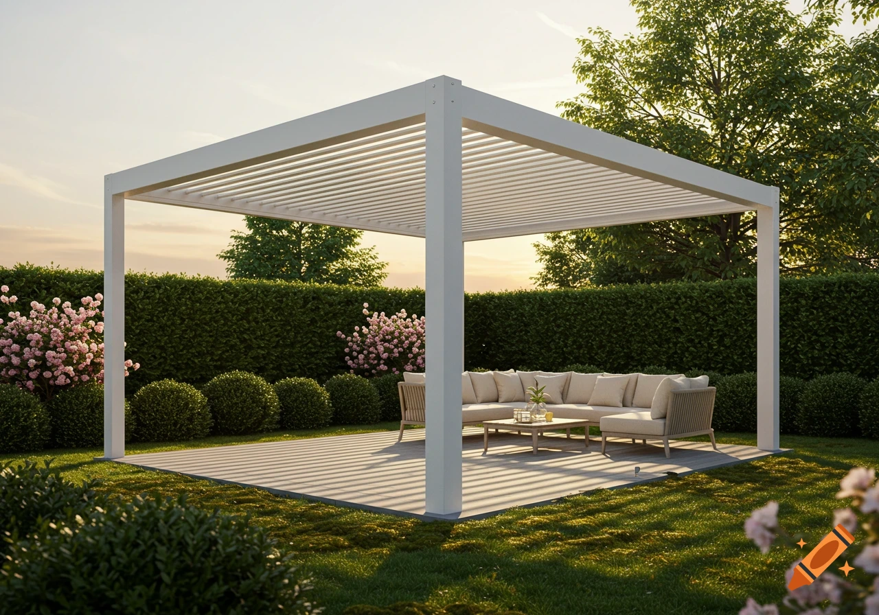 A white modern pergola with a slatted roof covers an outdoor patio with beige seating in a vibrant green garden at sunset.
