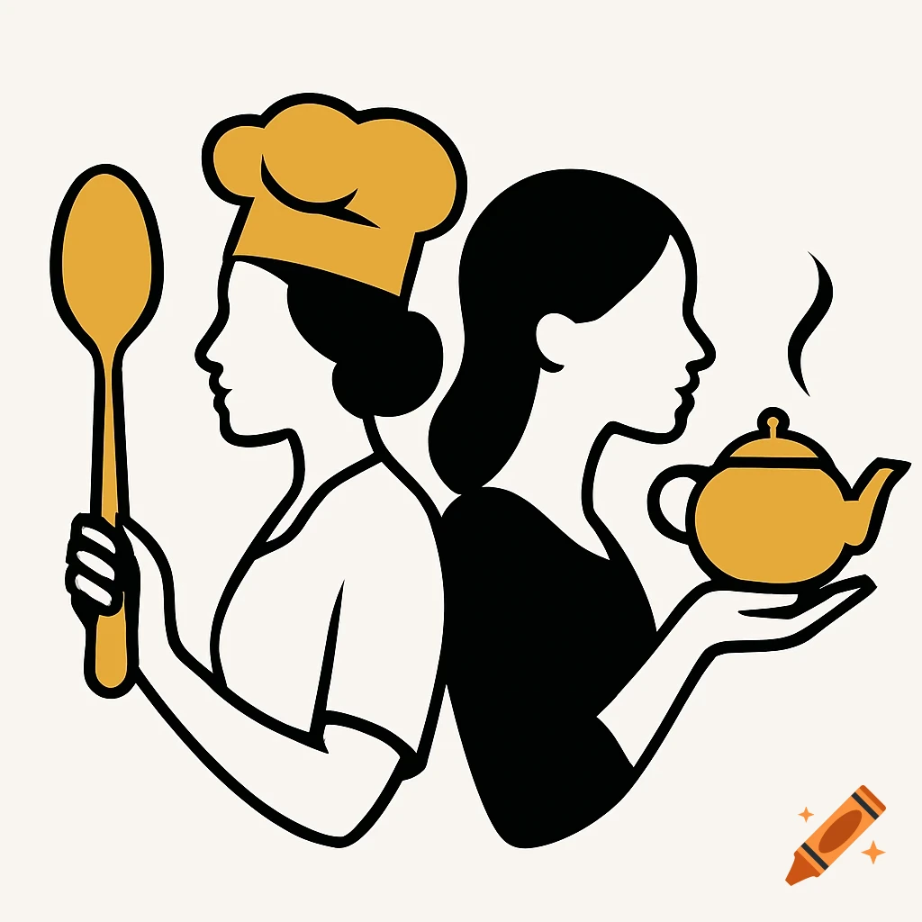 Minimalist gold and black vector logo of two women, one a chef with a spoon, the other holding a steaming teapot.