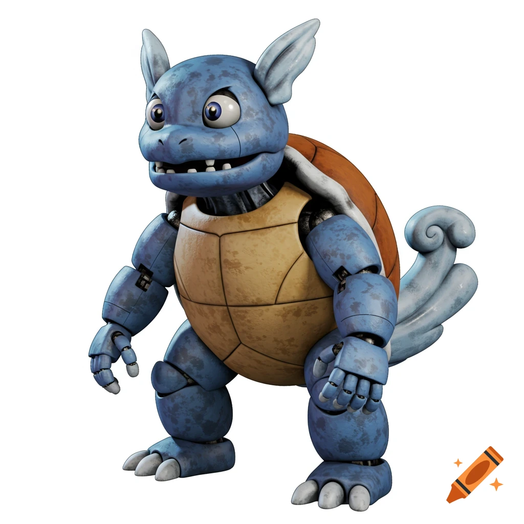 An animatronic Wartortle with worn blue and bronze plating, exposed joints, and a metallic swirled tail, against a white background.