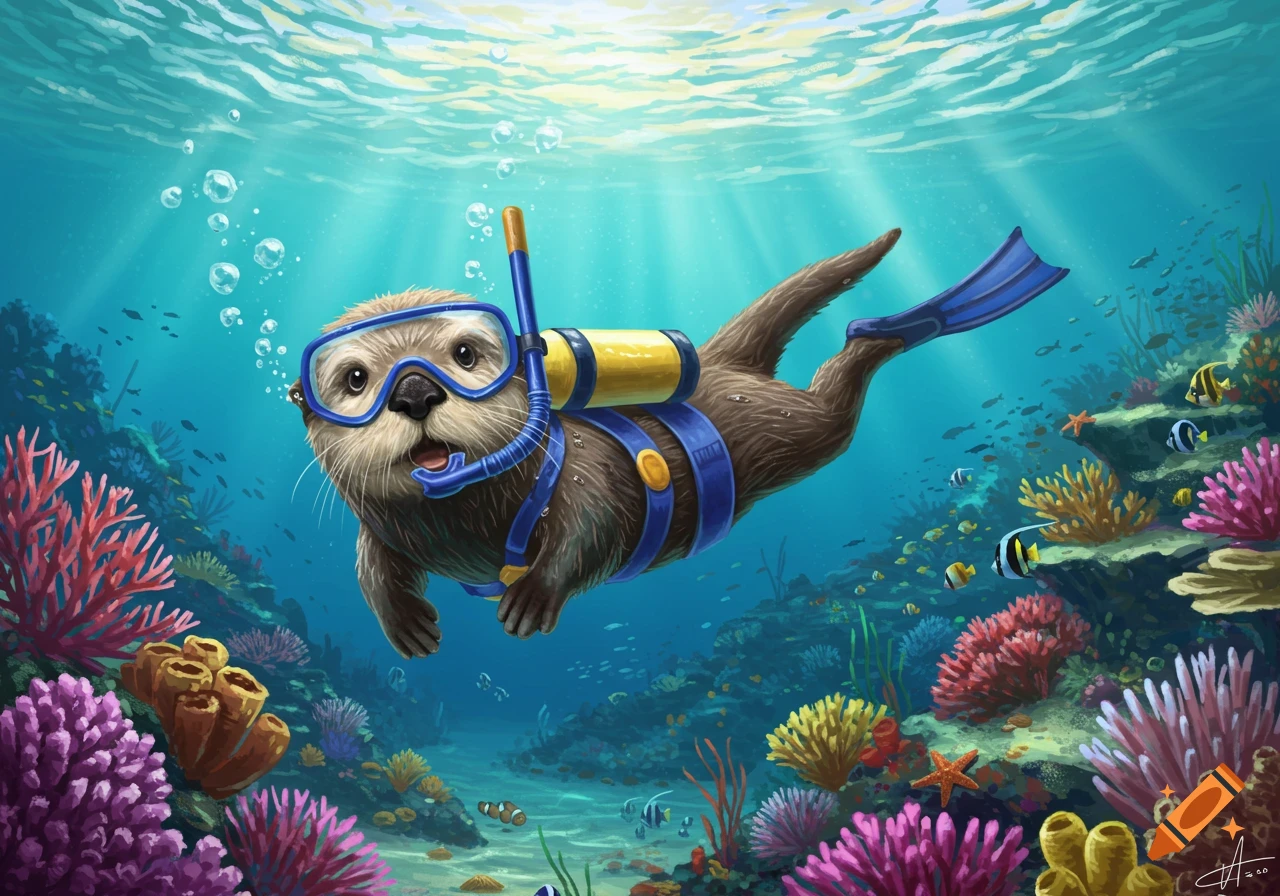 A cartoonish sea otter with blue scuba mask, snorkel, air tank, and flippers swims above a colorful coral reef with tropical fish.