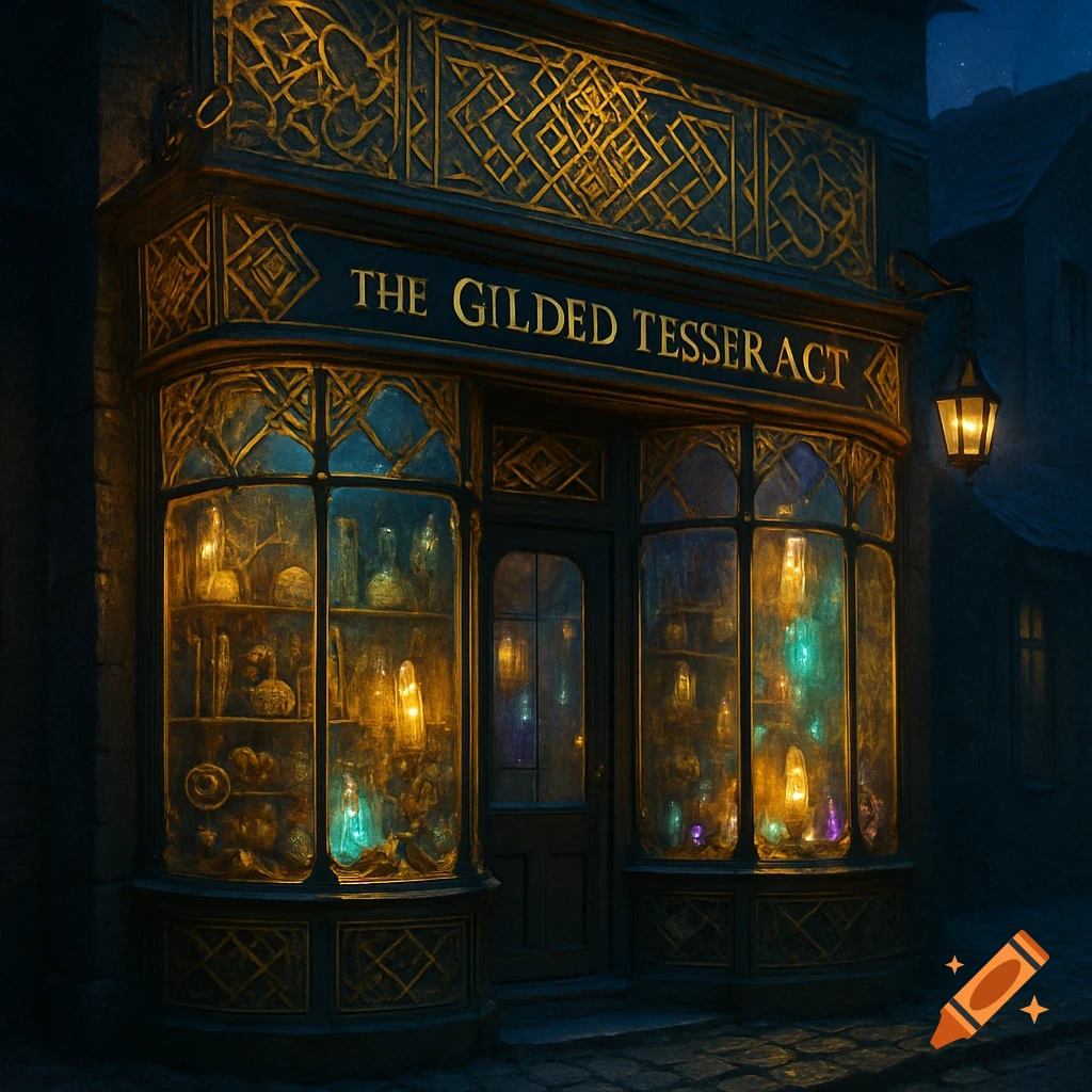 A magical, ornate shop called "The Gilded Tesseract" glows warmly at night in a dark, old-world street.
