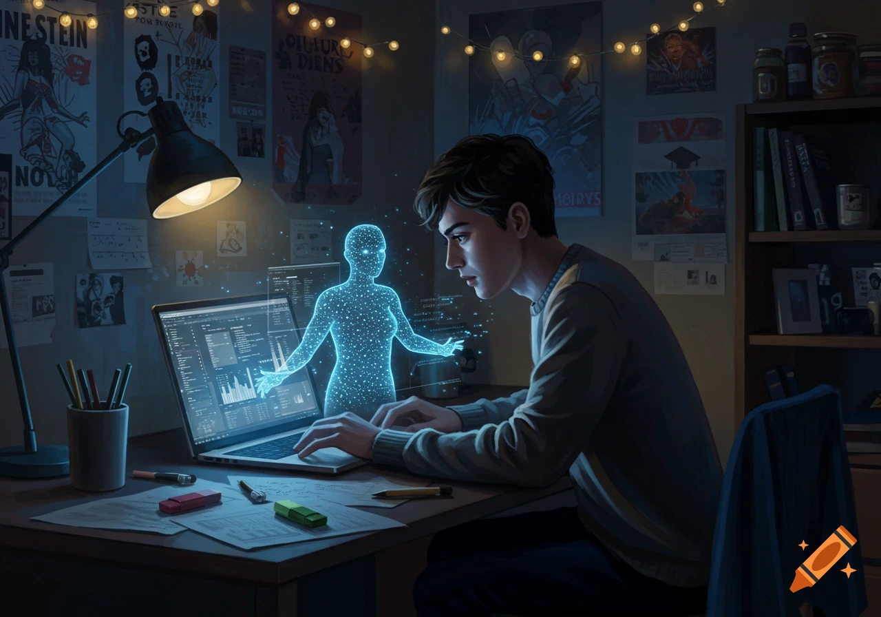 A college student sits at a desk in a dark room, typing on a laptop with a glowing blue AI human figure floating above it.