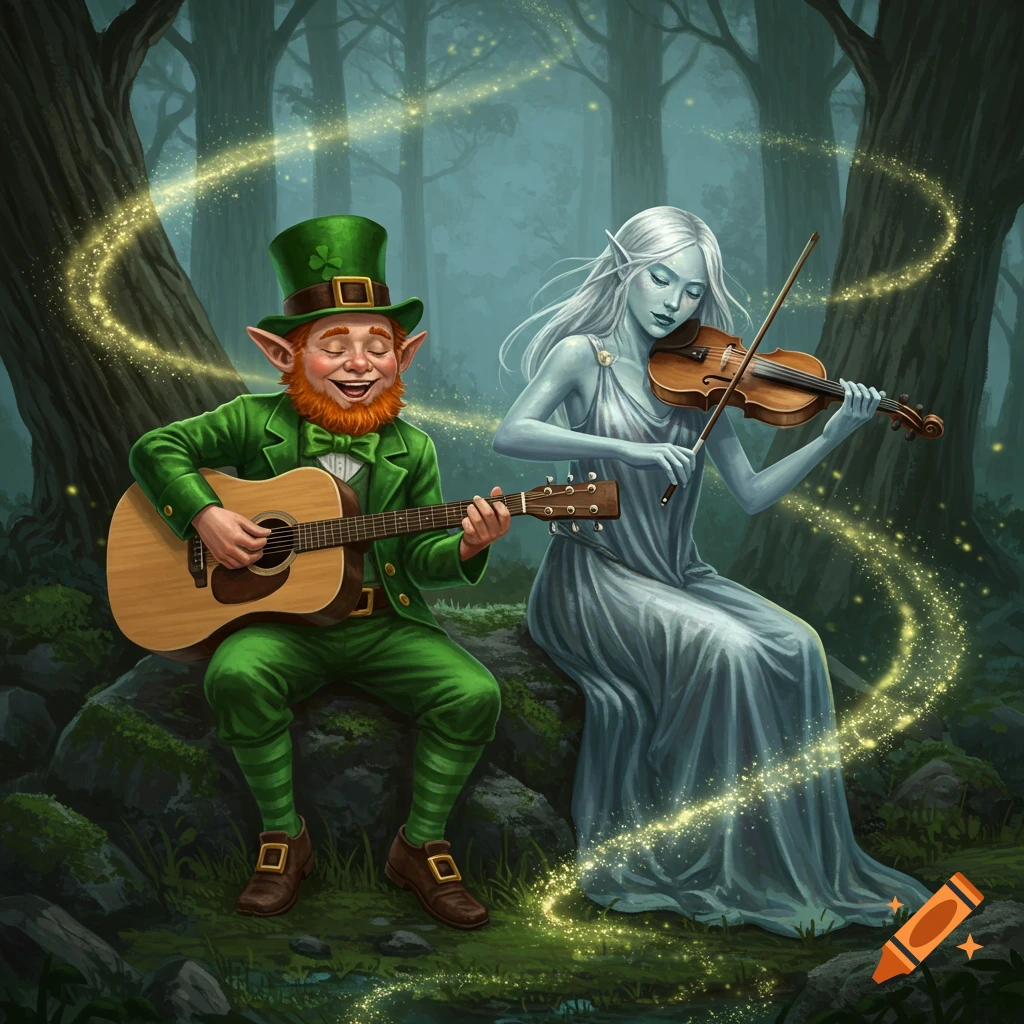 A smiling leprechaun plays an acoustic guitar next to a serene, pale elf playing a violin in a magical forest.