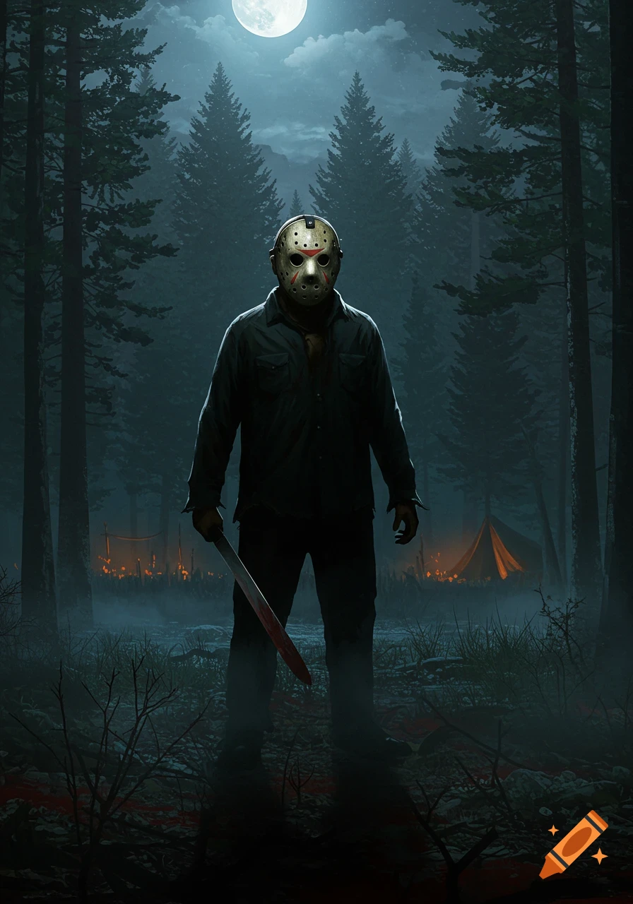A full moon illuminates Jason Voorhees holding a bloody machete in a dark, foggy forest with distant tents.