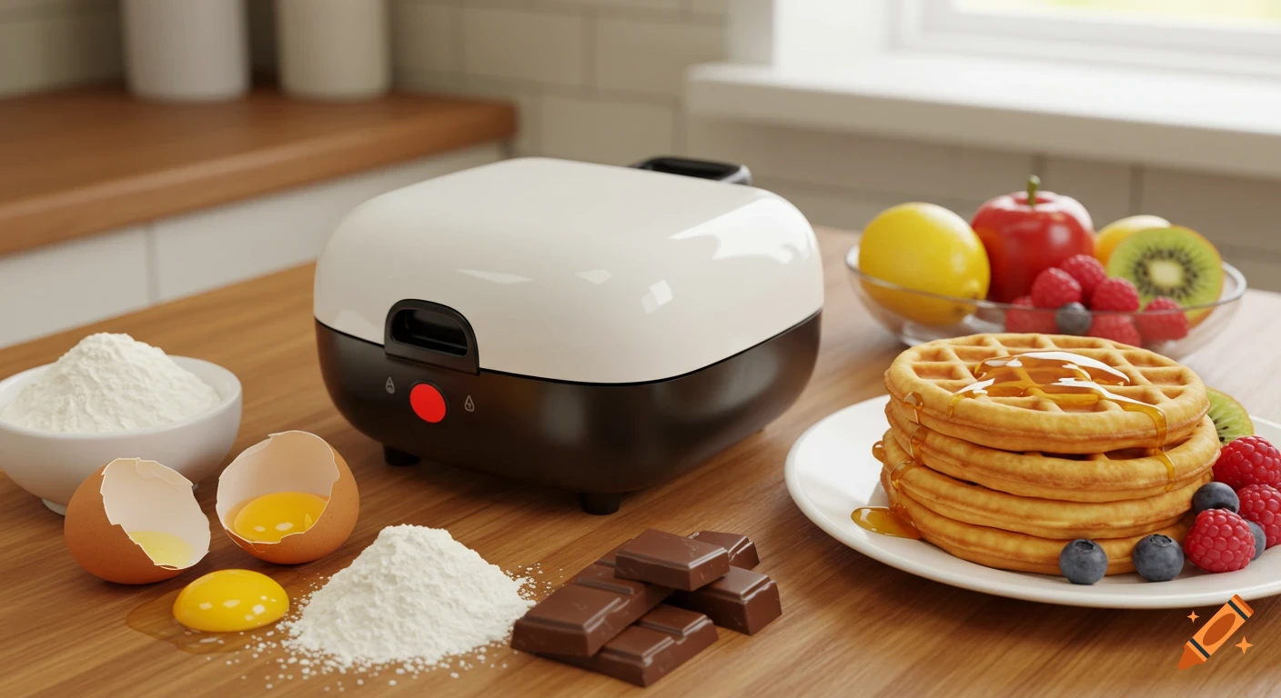 A mini waffle maker on a wooden counter with eggs, flour, chocolate, and fruit, next to a plate of golden waffles with syrup and berries.
