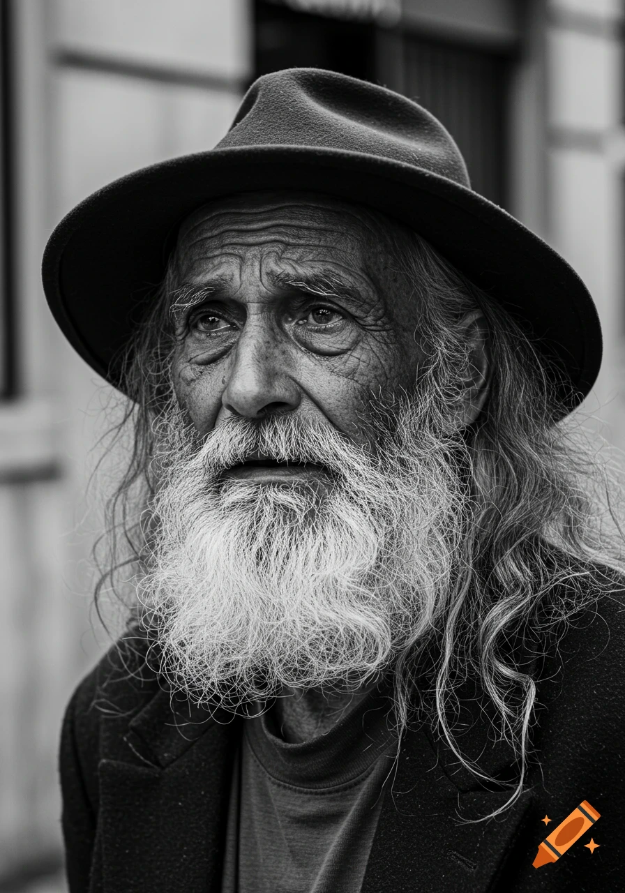 A close-up, black and white photorealistic portrait of an old man with ...