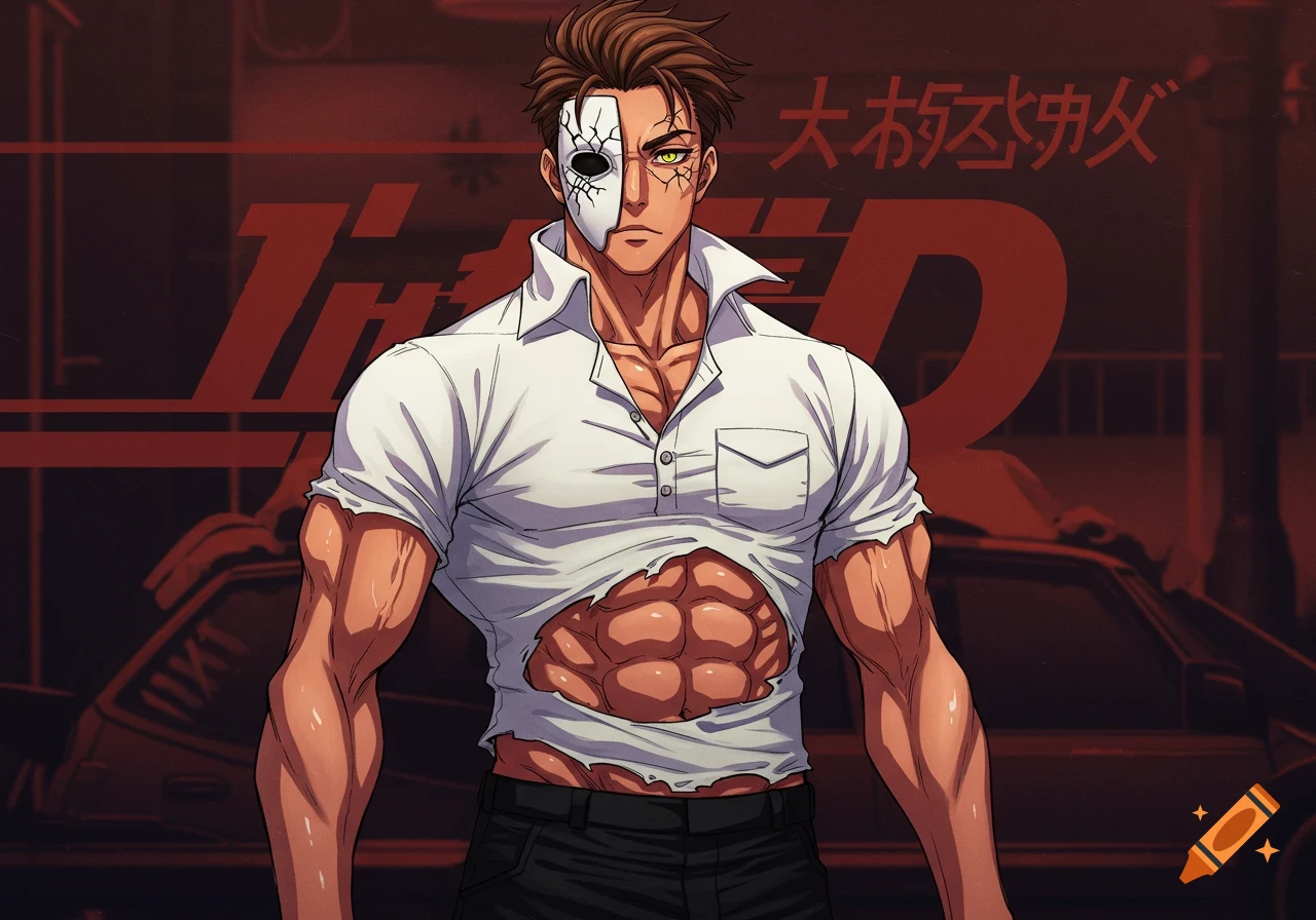 A muscular anime man with a white half-mask and glowing yellow eye, wearing a torn white shirt and black pants, stands in front of a red background with "D" and Japanese text.