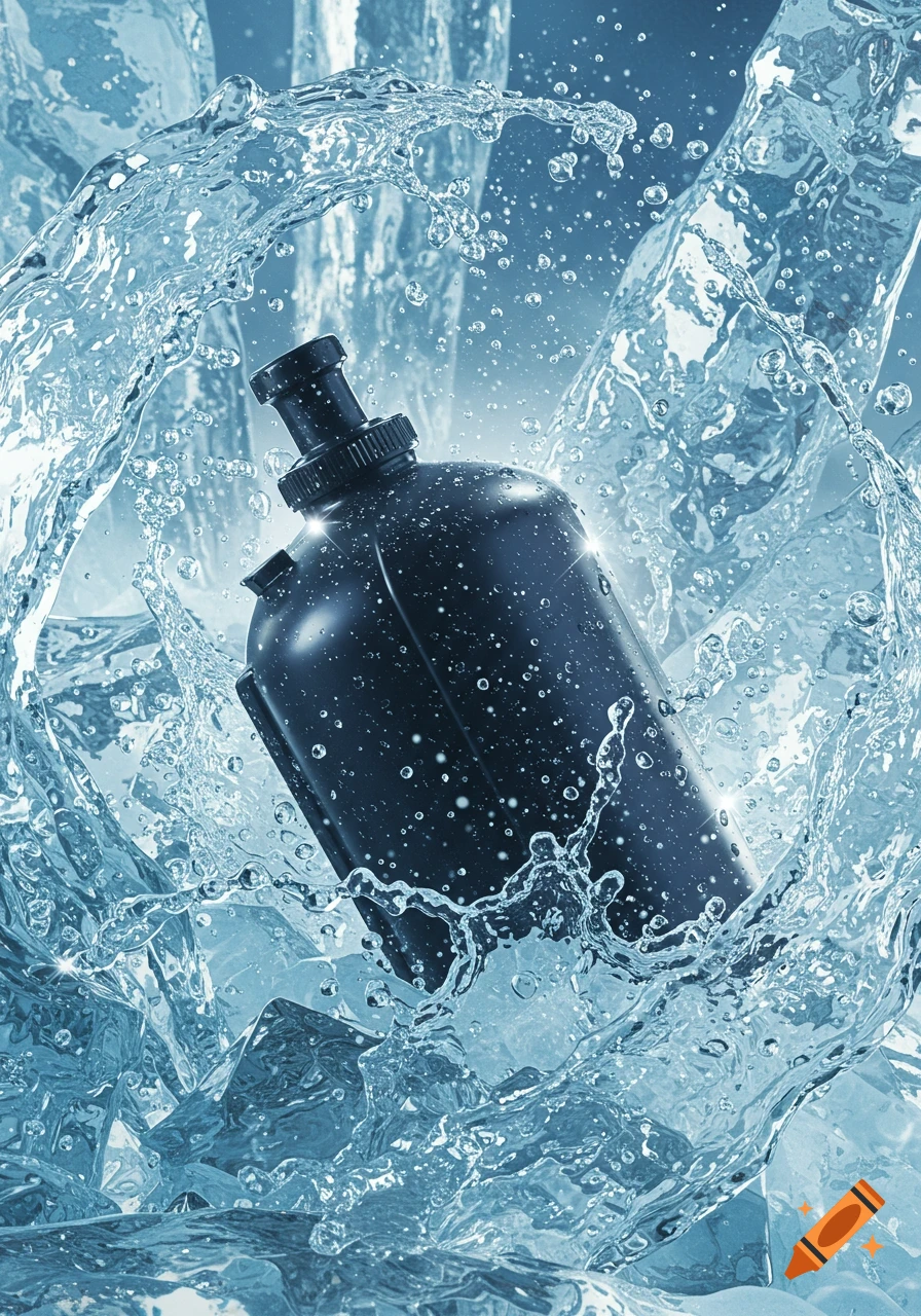 A black water bottle splashes through clear water and ice, reflecting light on its surface.