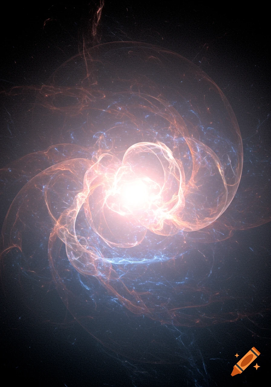 A luminous, swirling cosmic nebula with pink-orange and blue light against a dark, starry background.