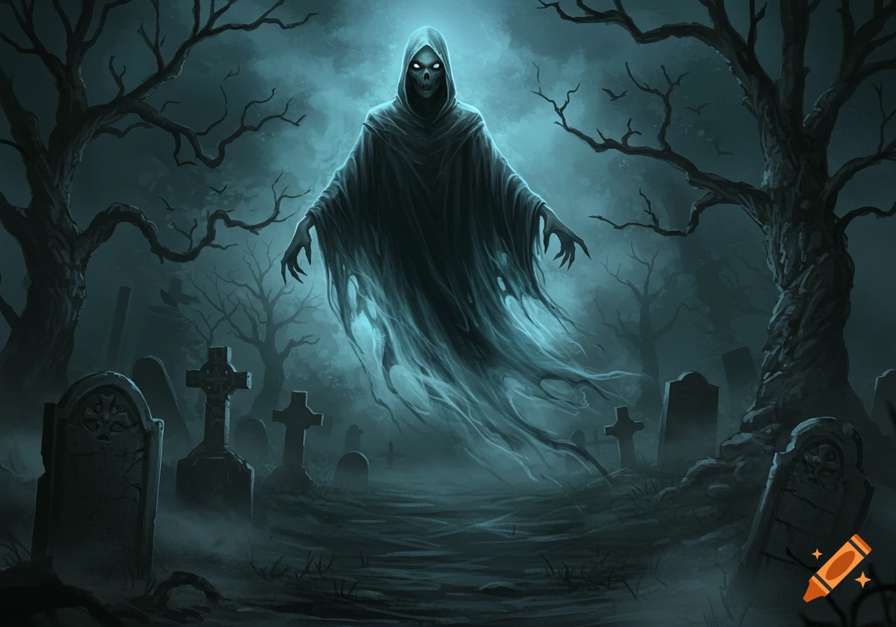 A glowing, hooded ghost with bright eyes floats over a foggy, moonlit graveyard with gravestones and bare trees.