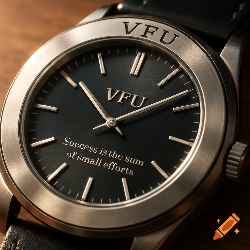 Close-up of a stylish black and silver watch with "VFU" on the bezel and "Success is the sum of small efforts" on the face.