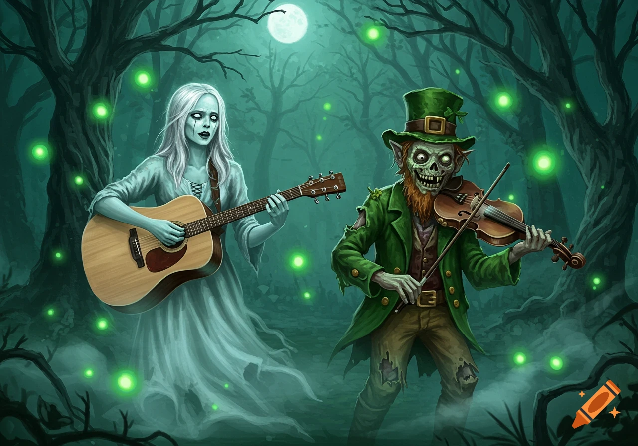 A ghostly woman plays guitar with a zombie leprechaun on violin in a spooky, moonlit forest with green glowing lights.