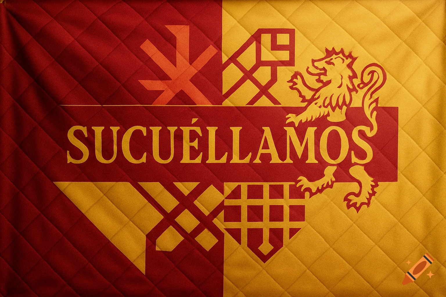 A quilted flag with red and gold halves, featuring a lion rampant, abstract symbols, and the word 'SUCUÉLLAMOS'.
