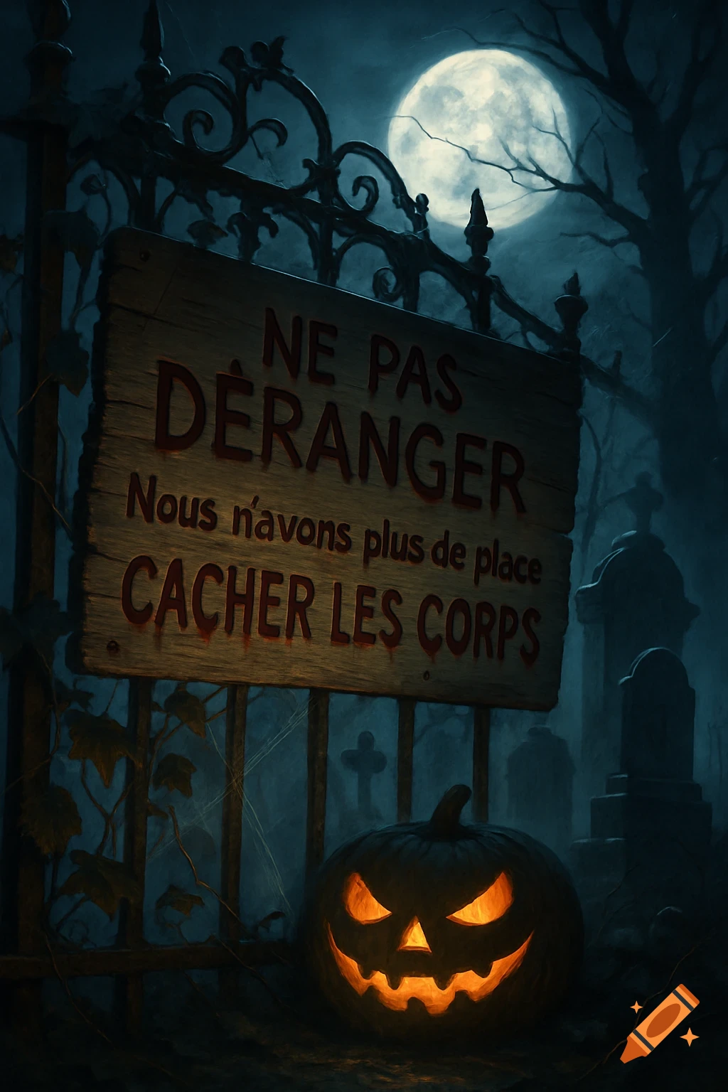 A glowing jack-o'-lantern sits in a dark, spooky graveyard at night with a full moon. A sign reads: 'NE PAS D RANGER Nous n'avons plus de place pour CACHER LES CORPS'.