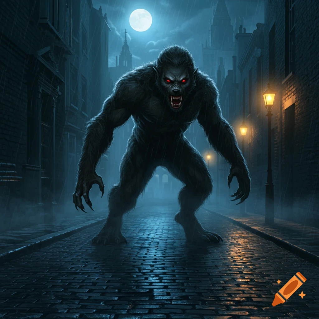 A menacing werewolf with glowing red eyes stands on a wet cobblestone street in a dark, rainy city under a full moon.