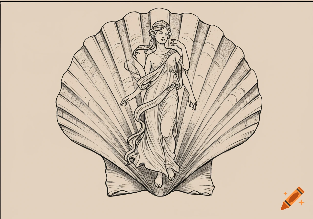 Line art illustration in tattoo style of a draped woman like Venus standing inside a large scallop shell.