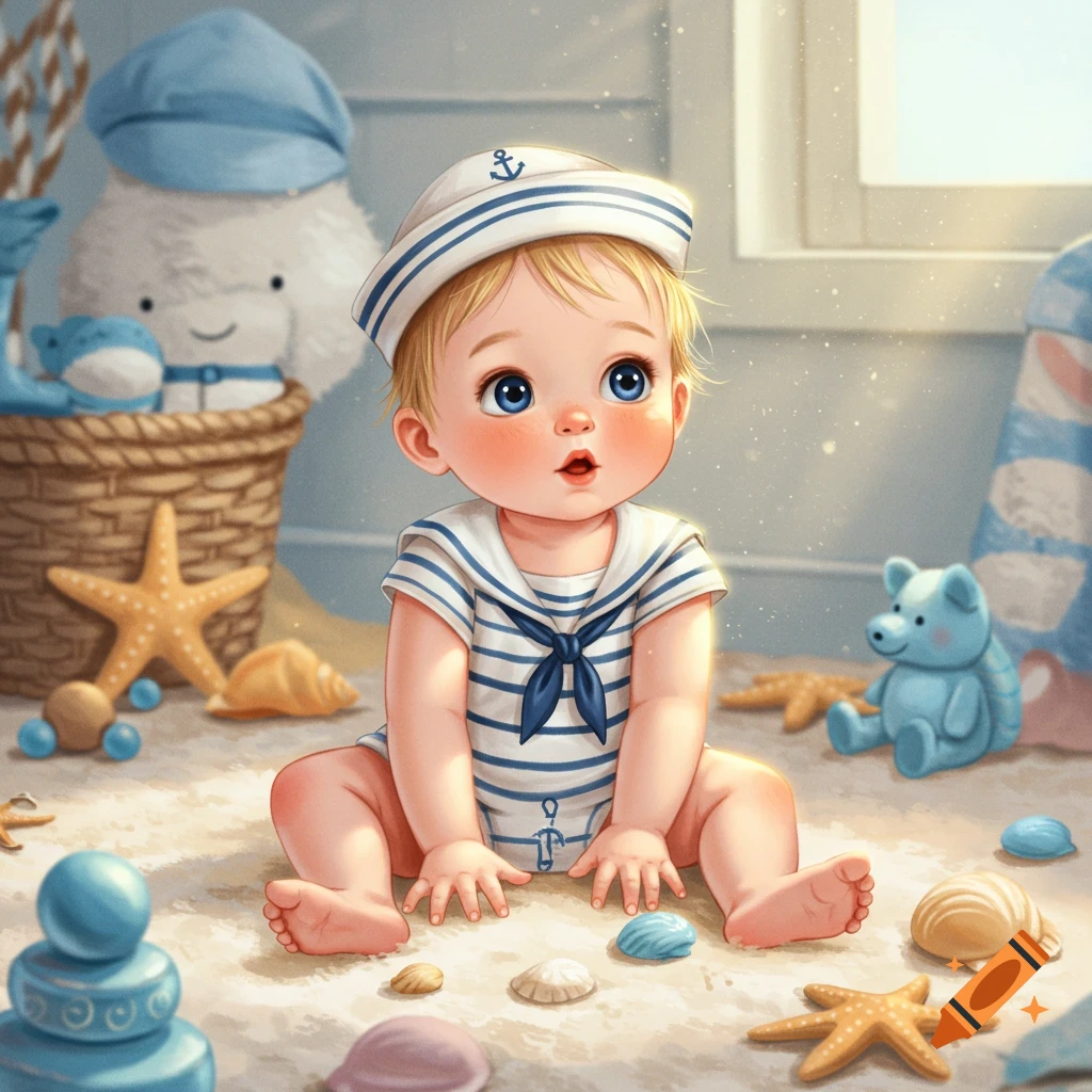 A cute, stylized cartoon baby wearing a sailor hat and striped romper sits on a sandy floor surrounded by seashells and starfish.