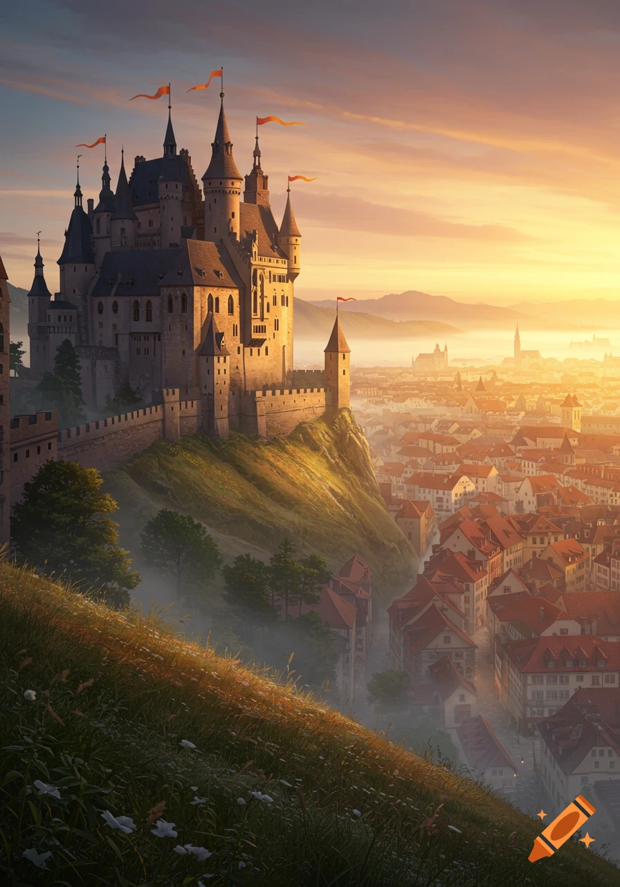 A grand castle on a grassy hill overlooks a medieval city bathed in the ...