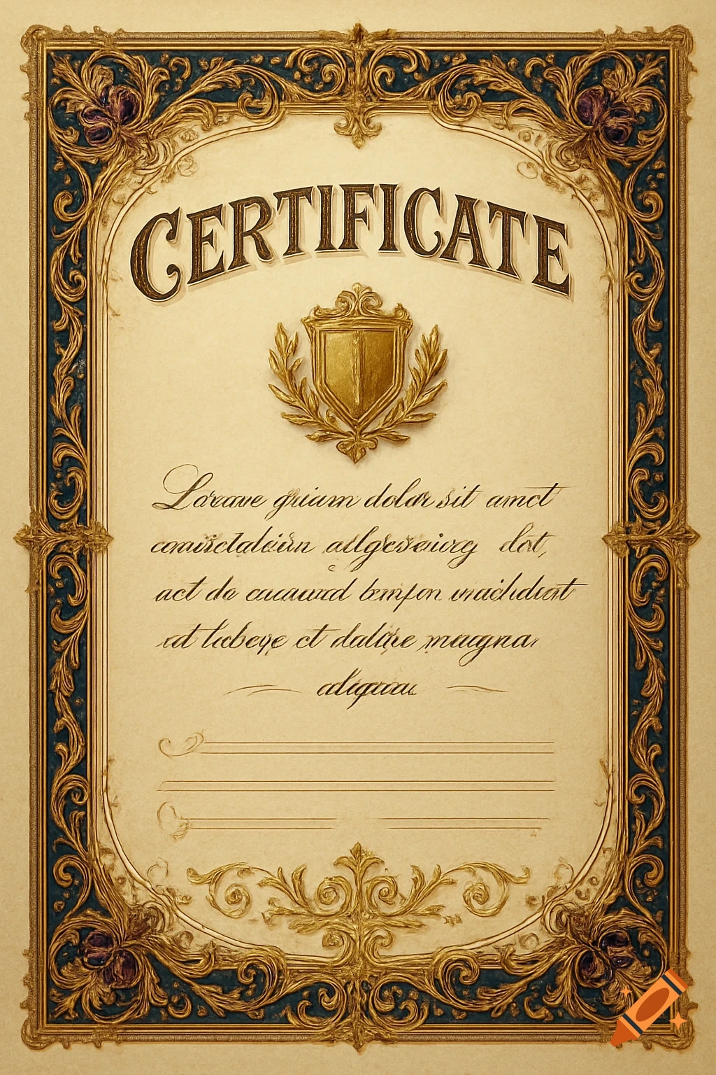 An ornate vintage certificate with a gold shield crest, a "CERTIFICATE" title, and decorative blue and gold borders. The body text is illegible script.