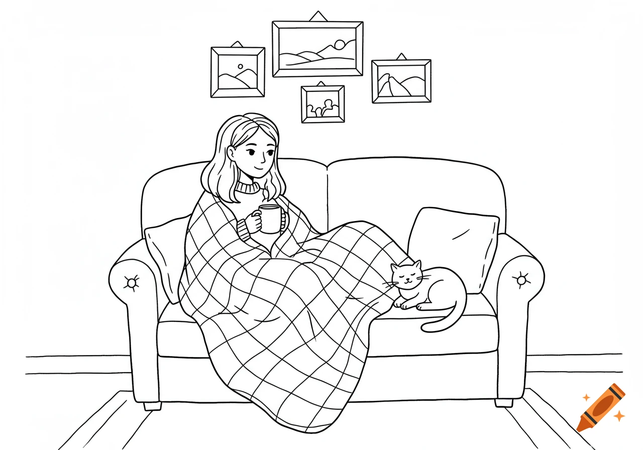 Black and white doodle line art of a girl under a blanket on a sofa, holding a mug, with a cat sleeping beside her and framed pictures on the wall.