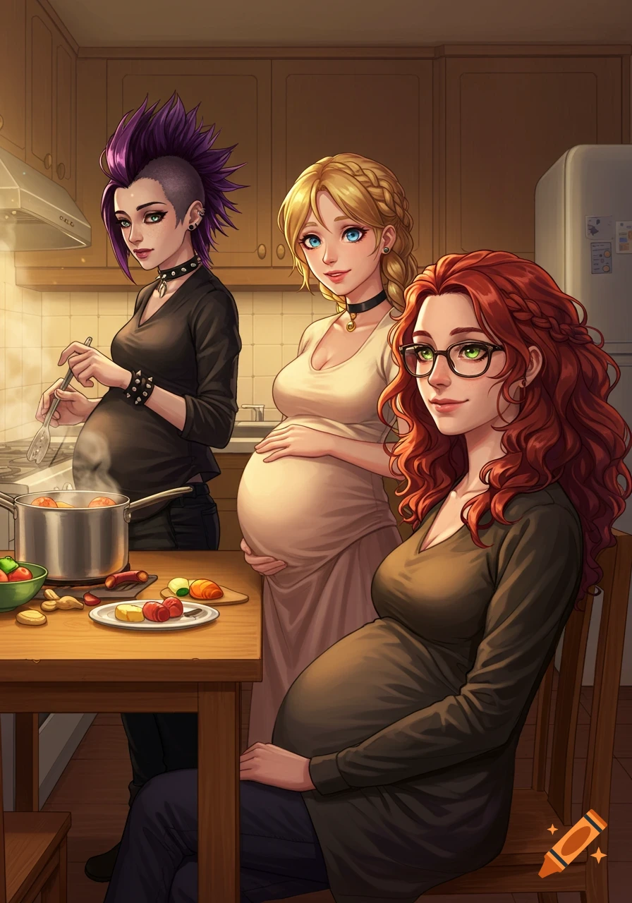 Three anime-style pregnant women in a kitchen. One with purple hair cooks at the stove, a blonde woman with a large bump stands by, and a red-haired woman with glasses sits at a table.