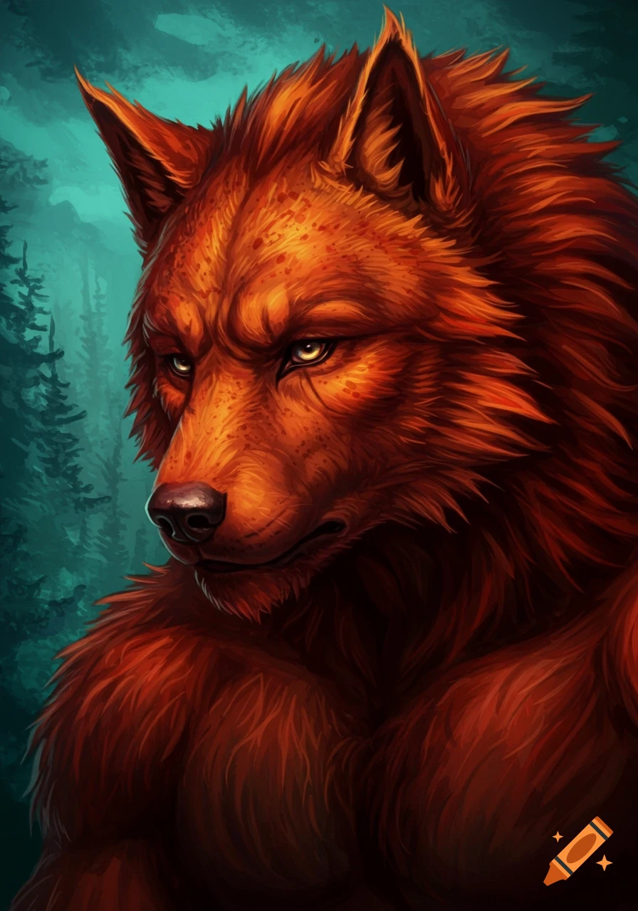 Portrait of a ginger werewolf with golden eyes and a pensive expression, set against a teal forest background, digital painting.