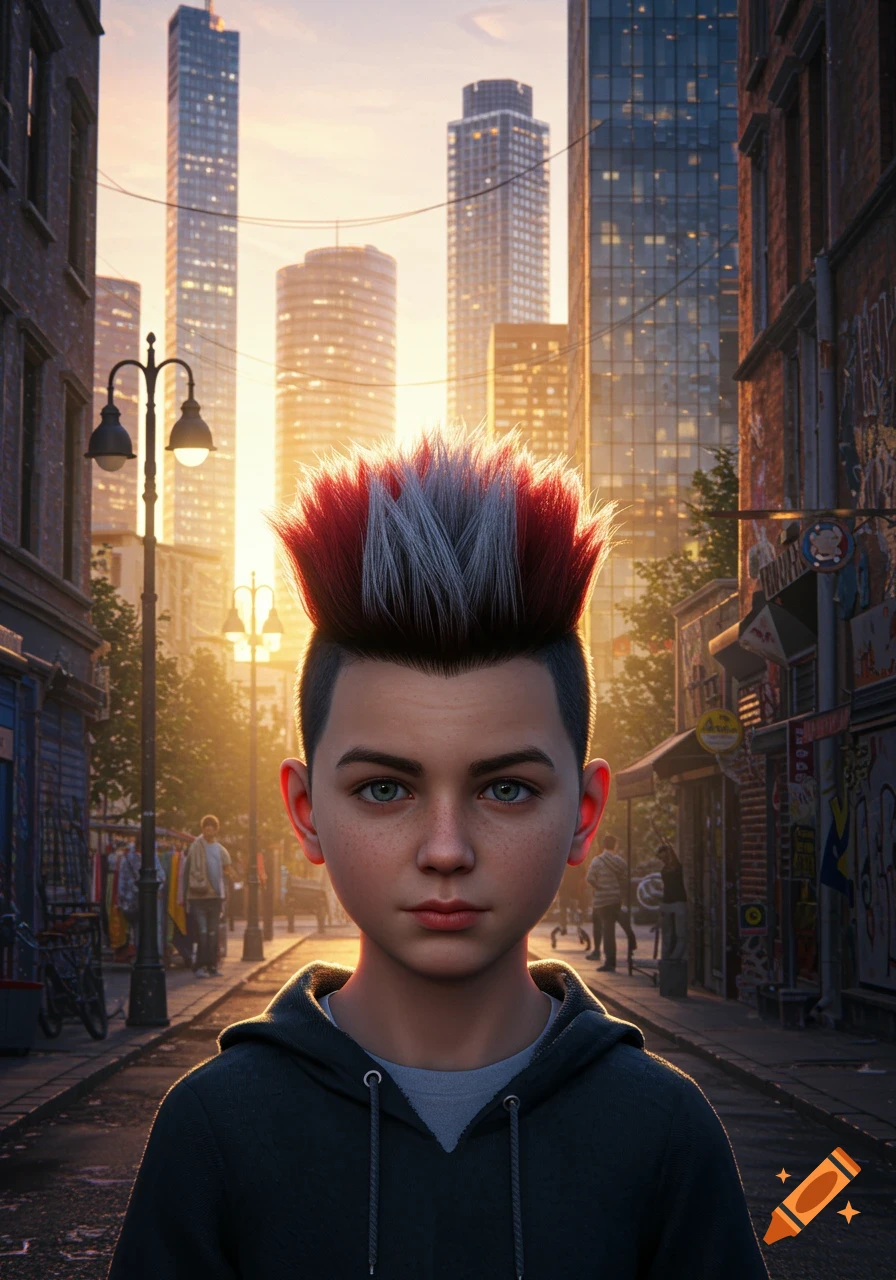 A stylized portrait of a boy with red and white spiky hair, wearing a black hoodie, against a backdrop of city skyscrapers at sunset.