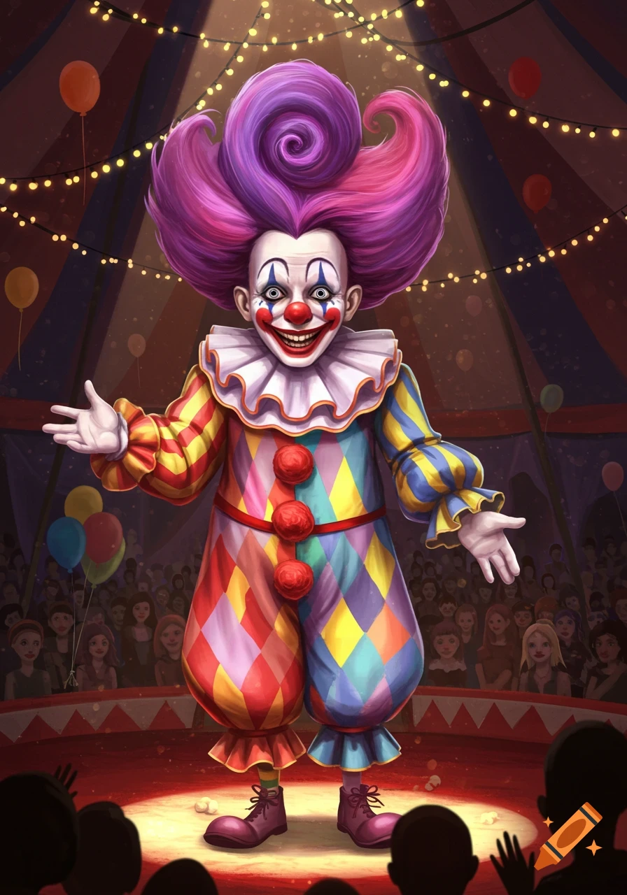 A vibrant cartoon-style clown with pink and purple hair, wearing a patterned suit, stands on a spotlighted stage in a circus tent.