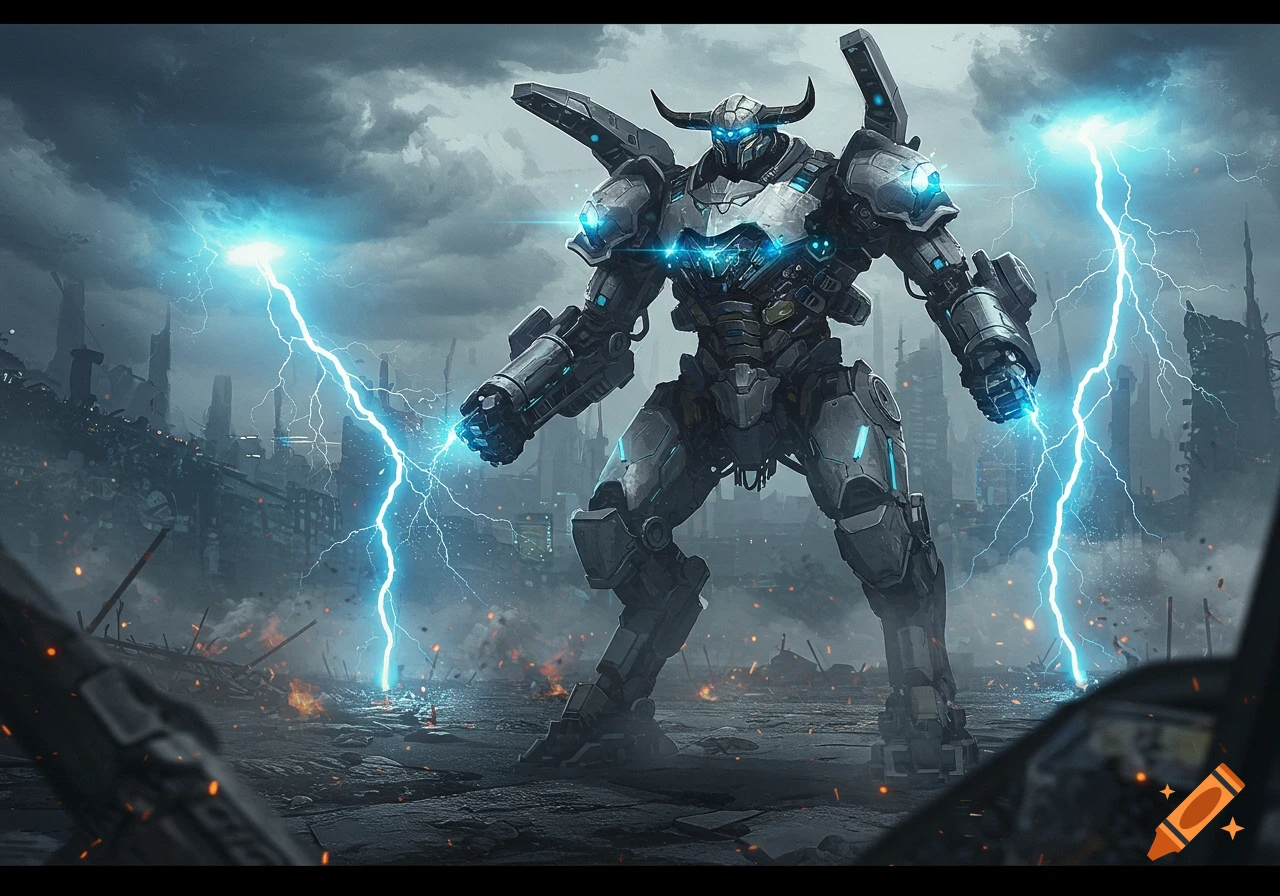 A giant horned mecha robot stands in a destroyed city with lightning striking its fists, under a stormy sky.