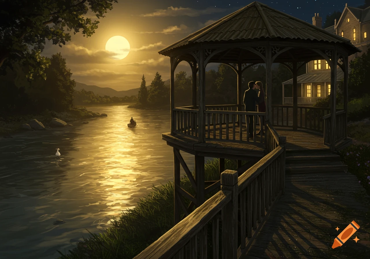 An illustrated moonlit scene shows a couple kissing in a gazebo by a river, with a boat and a house in the background.