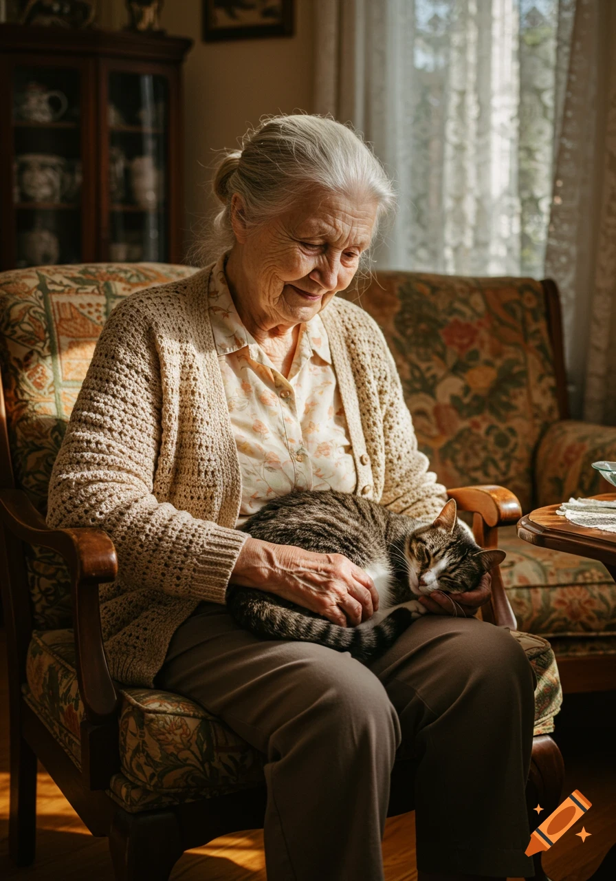An elderly woman smiling gently while holding a tabby cat sleeping on her lap, sitting in a patterned armchair in a sunlit room.