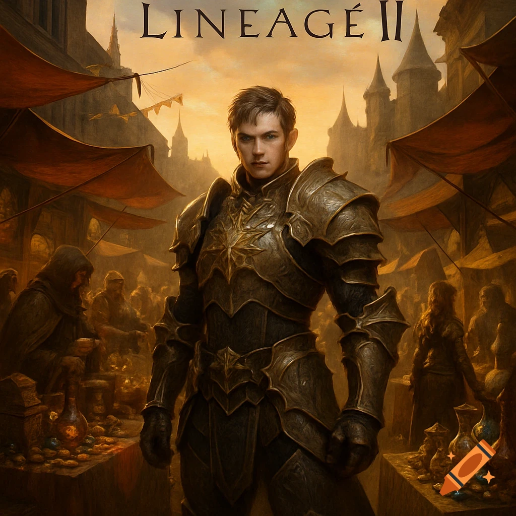 A man in ornate golden and dark armor stands in a bustling fantasy market under a sunset sky, with 'LINEAGE II' at the top.