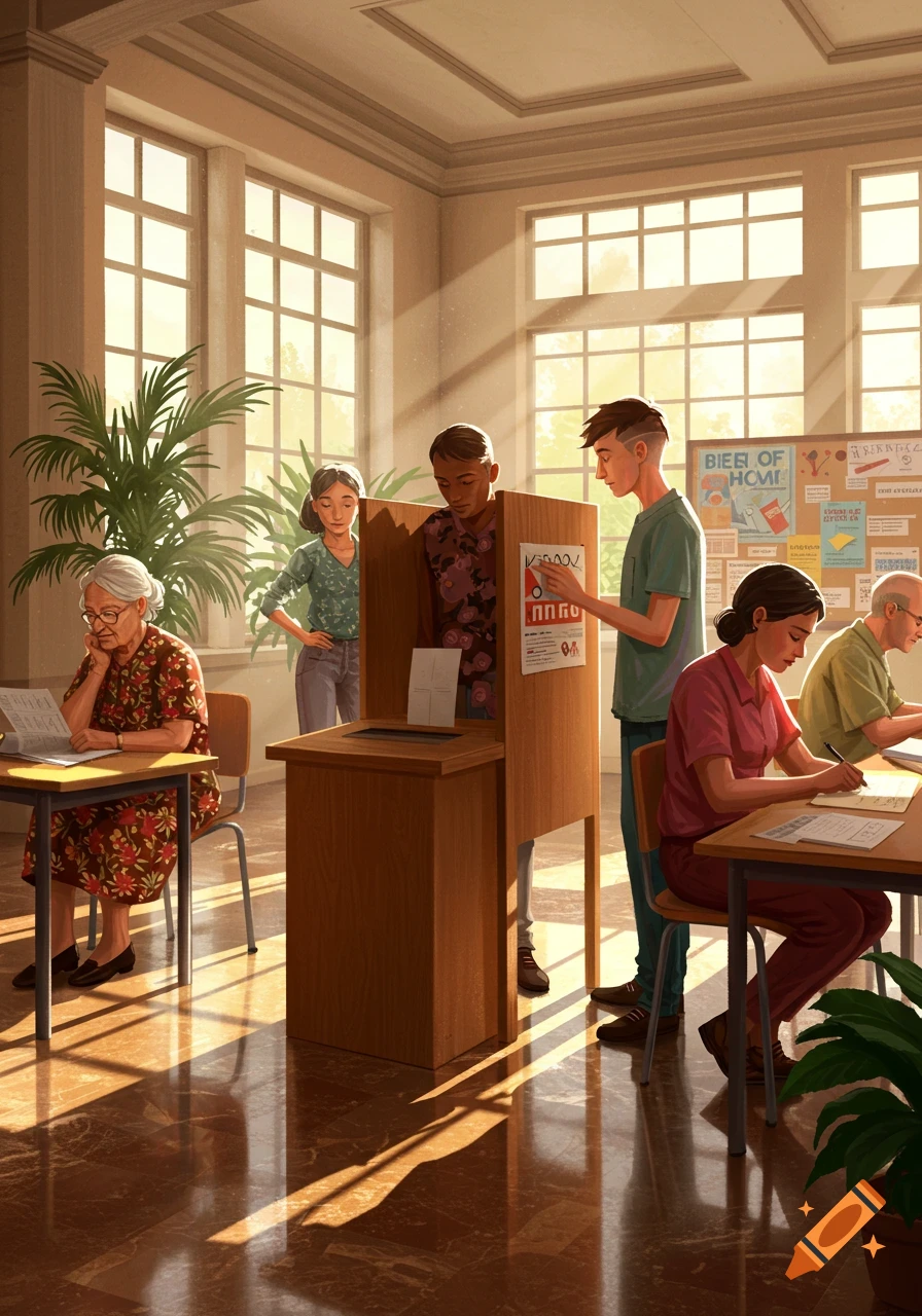Diverse people in a sunlit room cast ballots in voting booths and fill out papers at desks.