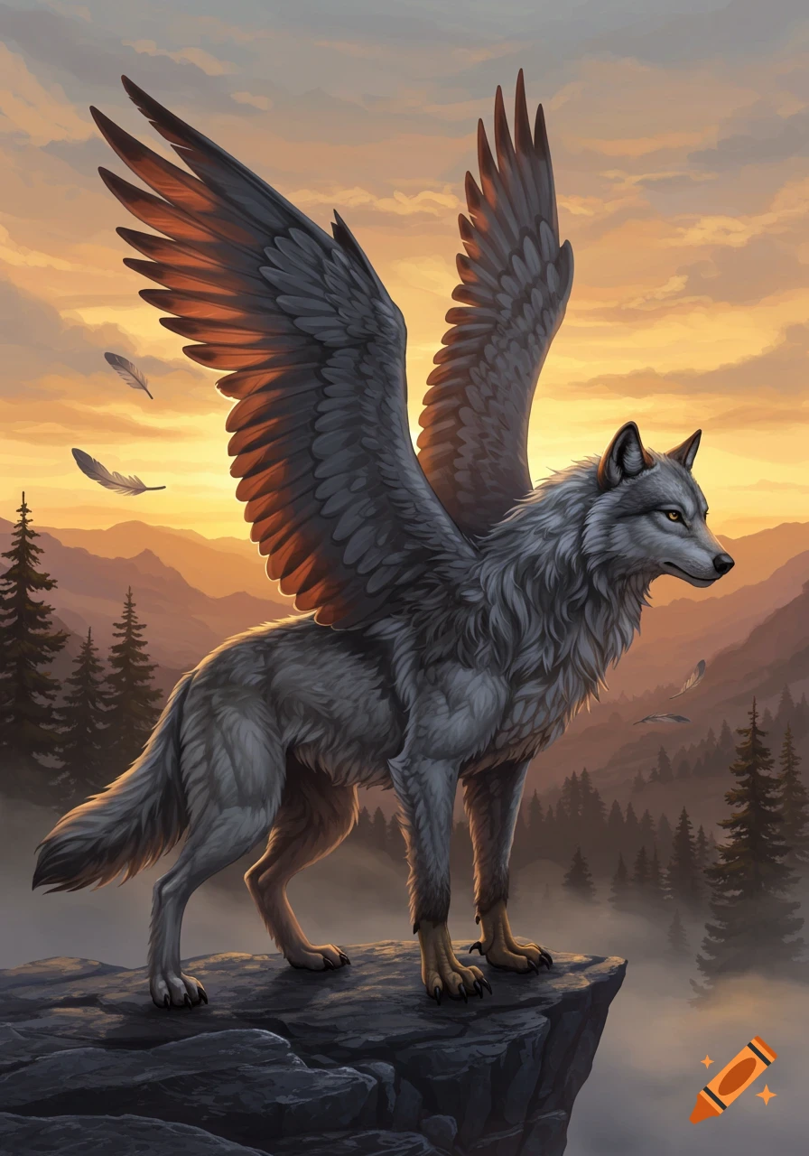 A majestic winged wolf stands on a rocky cliff overlooking a misty mountain range at sunset, in a detailed fantasy art style.