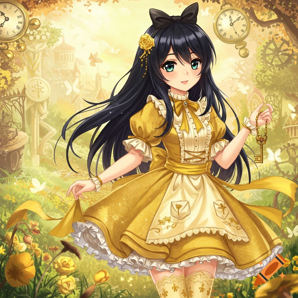 An anime girl with long black hair, wearing a yellow Alice in Wonderland-style dress and holding a golden key, stands in a magical forest with clocks.