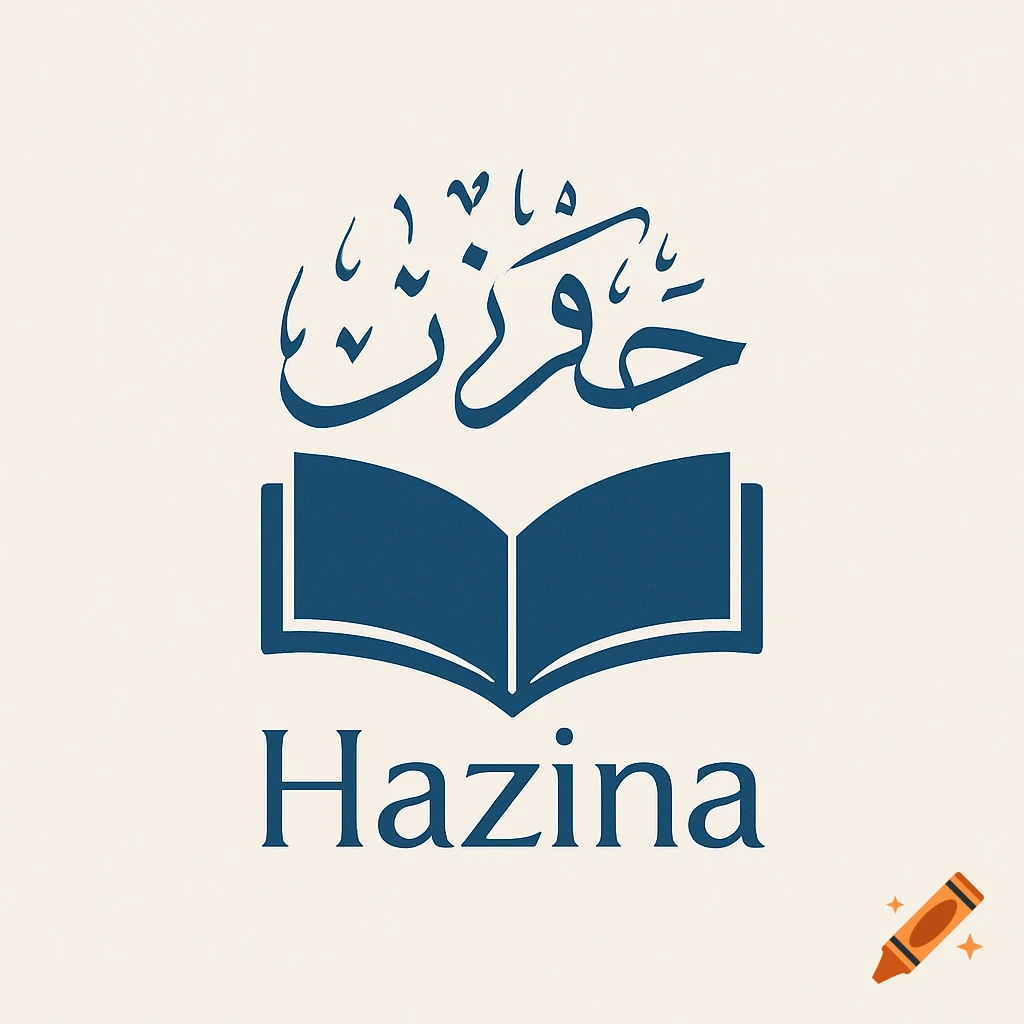 A minimalist logo with a deep blue open book, elegant Arabic calligraphy above, and the word 'Hazina' below on a light beige background.
